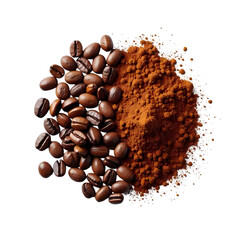 Pile of coffee beans and powder with ground coffee isolated on transparent background