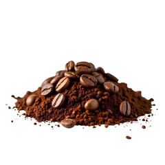 Pile of coffee beans and powder with ground coffee isolated on transparent background