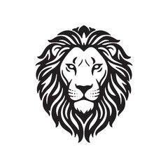 Obraz premium Black and white vector silhouette of a majestic lion head with detailed mane. Isolated graphic design on white background.