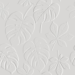 3d emboss textured tropical seamless pattern with relief monstera leaves. Vector beautiful white background with embossed surface leaves. Hand drawn design with embossing effect. Endless 3d texture.