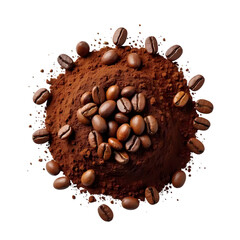 Pile of coffee beans and powder with ground coffee isolated on transparent background
