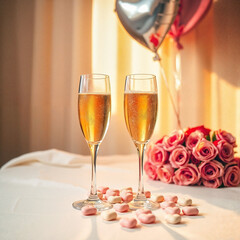 Champagne glasses on a table with roses, romantic wedding celebration atmosphere