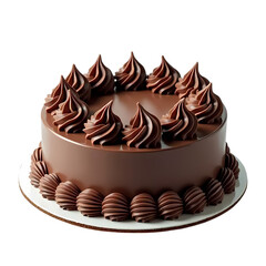 Birthday chocolate cake with swirled frosting and decorative border isolated on transparent background