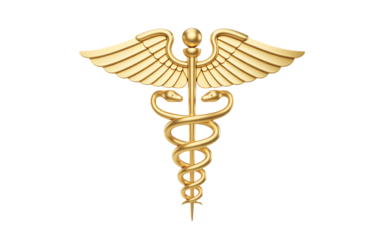 Golden caduceus medical symbol isolated on transparent background, a traditional emblem of medicine and healthcare, representing healing, and the medical profession