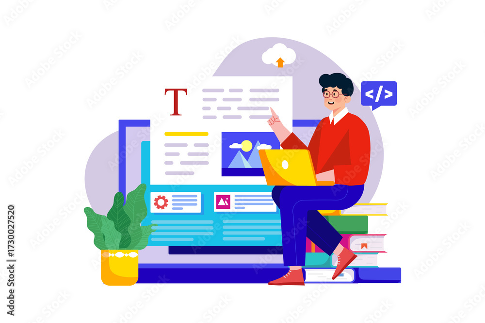 Wall mural man coding on laptop with cloud and books in transparent background