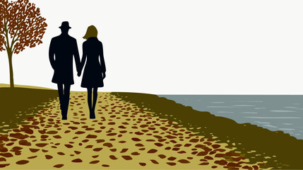 a silhouette of a man and a woman standing on a rocky path next to a lake