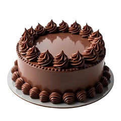 Birthday chocolate cake with swirled frosting and decorative border isolated on transparent background