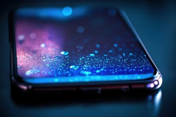 Close-up view of a smartphone screen showcasing colorful droplets and vibrant lights