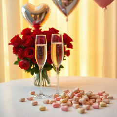 Toast with champagne glasses at a wedding event, decorated with roses and hearts