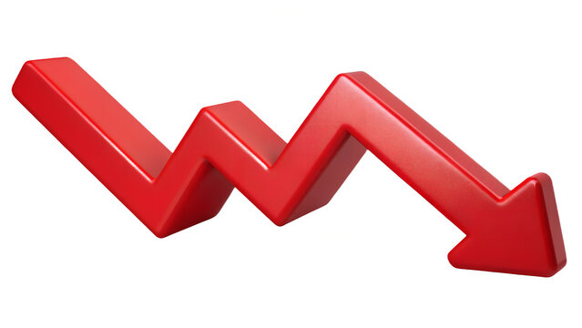 Dramatic red arrow trending downward represents market decline, economic downturn, and financial risk, indicating potential loss or failure in business