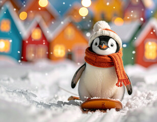 Cute baby penguin pulling sled through snowy village, wearing hat and scarf, children’s book style, generated AI.