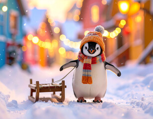Cute baby penguin pulling sled through snowy village, wearing hat and scarf, children’s book style, generated AI