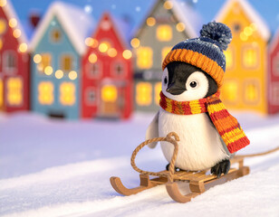 Cute baby penguin pulling sled through snowy village, wearing hat and scarf, children’s book style, generated AI.