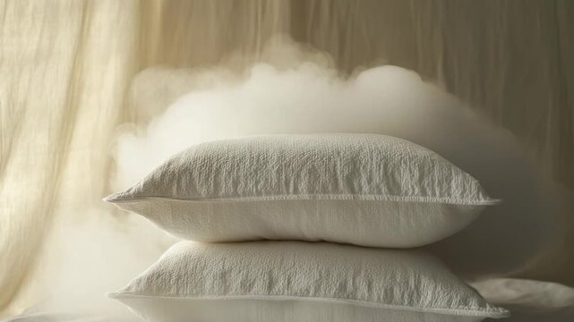 A pile of pillows sitting on top of a bed