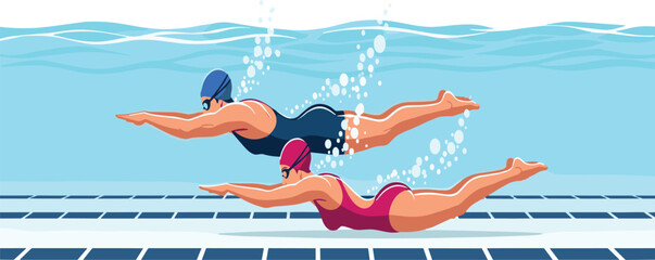 Male and female swimmers underwater, professional swimming competition, sports athletes training, swimming pool race, aquatic sport performance, fitness lifestyle illustration