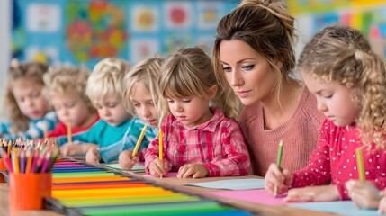Kind female teacher assists focused young children colo with pencils at colorful tables in preschool classroom.