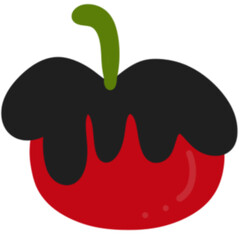Red poison apple with black dripping liquid, Halloween cartoon clipart.