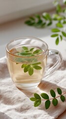 Close Up of Herbal Infusion in Glass Cup with Green Leaves on Beige Fabric