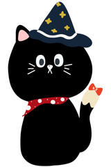 Cute black cat with wizard hat, Halloween cartoon clipart.