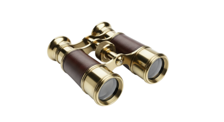 Vintage opera glasses with brass and leather details isolated on transparent background