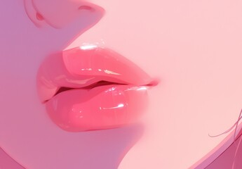 Sensual close-up of glossy lips showcasing a vibrant pink hue and smooth texture