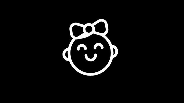 Smiling baby girl icon with a bow on her head against a black background.