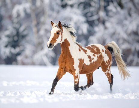 Paint horse canters through snowy landscape
