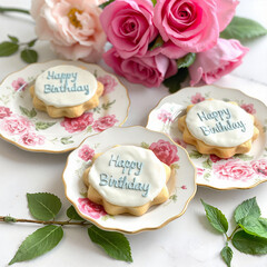 Birthday cookies with decoration on floral plates, festive table setting with roses