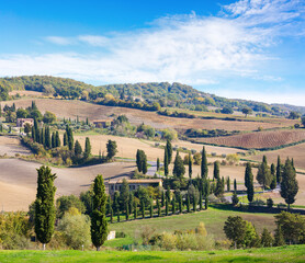 View of an old farm in the Tuscan countryside in late autumn, Italy.
