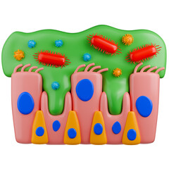 3D medical illustration of an infected nasal mucous membrane shows ciliated cells moving, goblet cells secreting green mucus, and viruses and bacteria trapped on mucus layer.