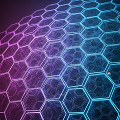 Vibrant abstract background featuring a gradient of purple and blue neon hexagonal textures, creating a futuristic and dynamic visual effect.