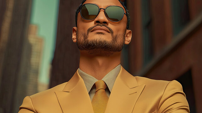 confident man in stylish yellow suit and sunglasses stands in urban setting, exuding sophistication and charisma. warm tones of outfit contrast with city backdrop, creating striking visual
