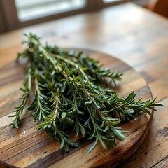 Fresh herbs on a cutting board in the kitchen, aromatic thyme and rosemary for seasoning