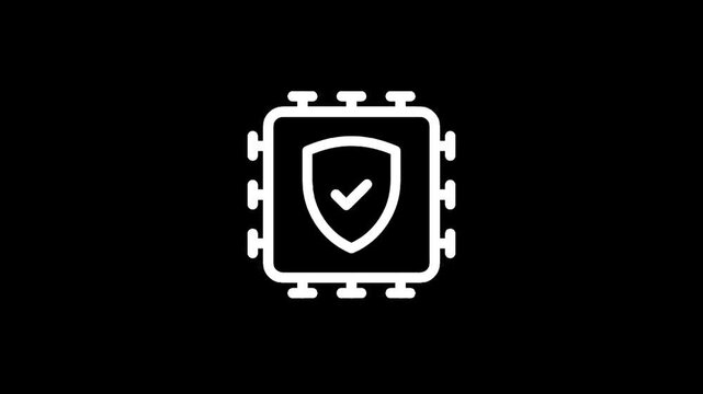 Cybersecurity concept with a shield and checkmark on a computer chip.