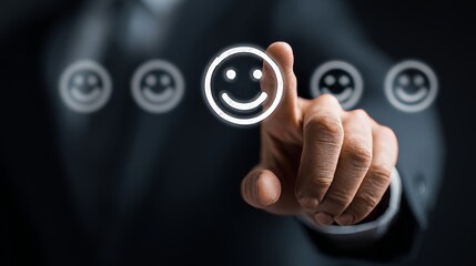 Businessman. virtual screen with a smiley face icon. customer service experience.