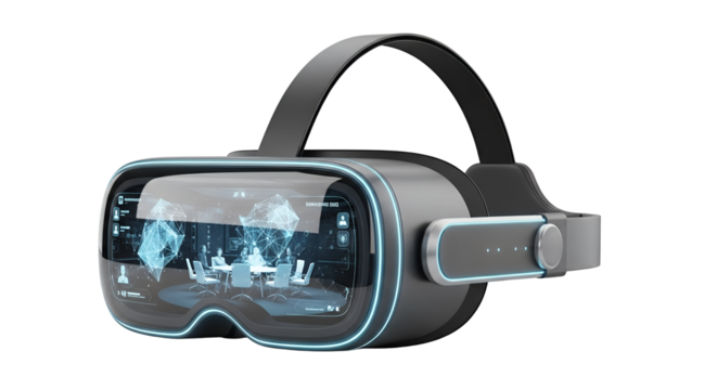 Futuristic VR headset transparent display virtual business meeting