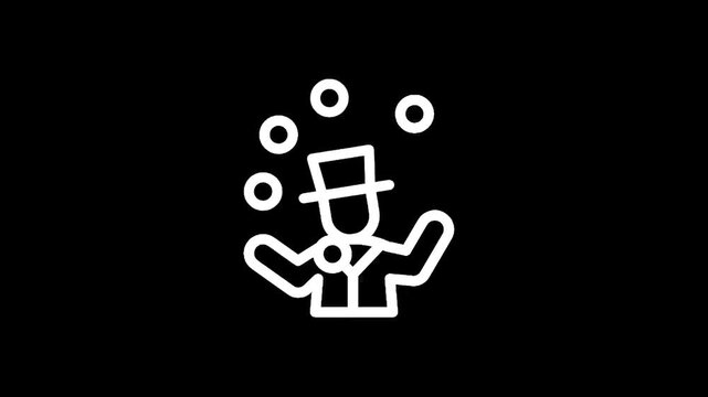 A white line art illustration of a magician juggling balls on a black background.