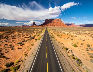 A long, straight highway cuts through a vast, arid desert landscape, leading towards imposing red rock formations under a vibrant blue sky