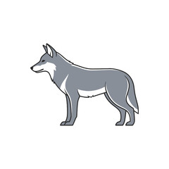 Stylized illustration of a grey wolf standing alert.