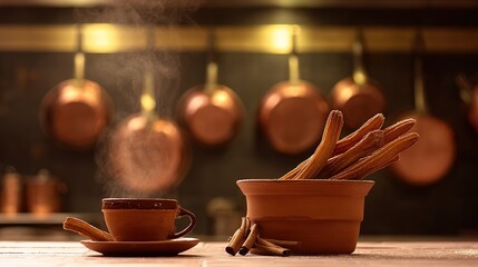 churros. A clay cup of hot chocolate with churros, capturing the warmth of Spanish National Day. menu design, packaging mockups, designed for culinary blogs and recipe cards for restaurants.