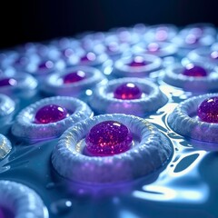 Microscopic close-up of colored water droplets