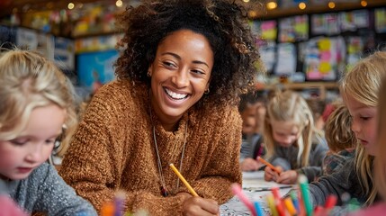 An enthusiastic teacher helps her young students with colo activities in a bright and cheerful classroom.