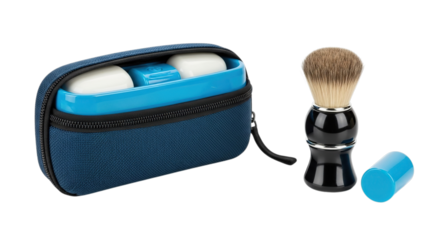 Shaving kit for travel isolated on transparent background, including brush, soap, and carrying case