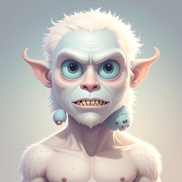 Close-up portrait of a grumpy, pale, elfin creature with large eyes and small, light-blue creatures hanging from its ears