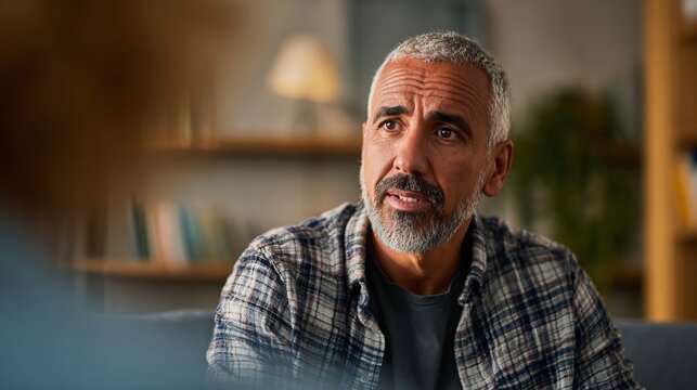 Mature man in therapy session talking to counselor in comfortable modern office setting indoors.
