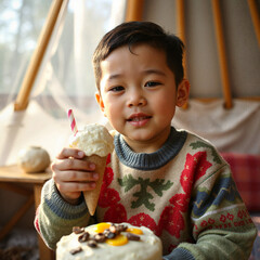 Asian boy celebrating birthday with ice cream, smiling happily, cozy indoor setting
