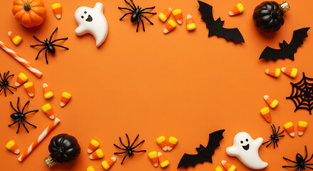 A festive halloween frame made of candy corn, pumpkins, spiders, bats, and ghost candies on an orange background