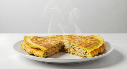 Vietnamese banh xeo sizzling crepe cut open, steam drifting, plated neatly, photographed from the side, white backdrop."