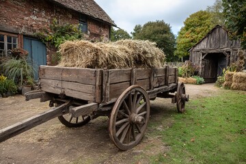 Obraz premium Rustic Wooden Farm Wagon with Hay Bales in Countryside Yard