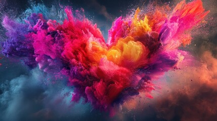 Abstract heart-shaped explosion of colorful powder